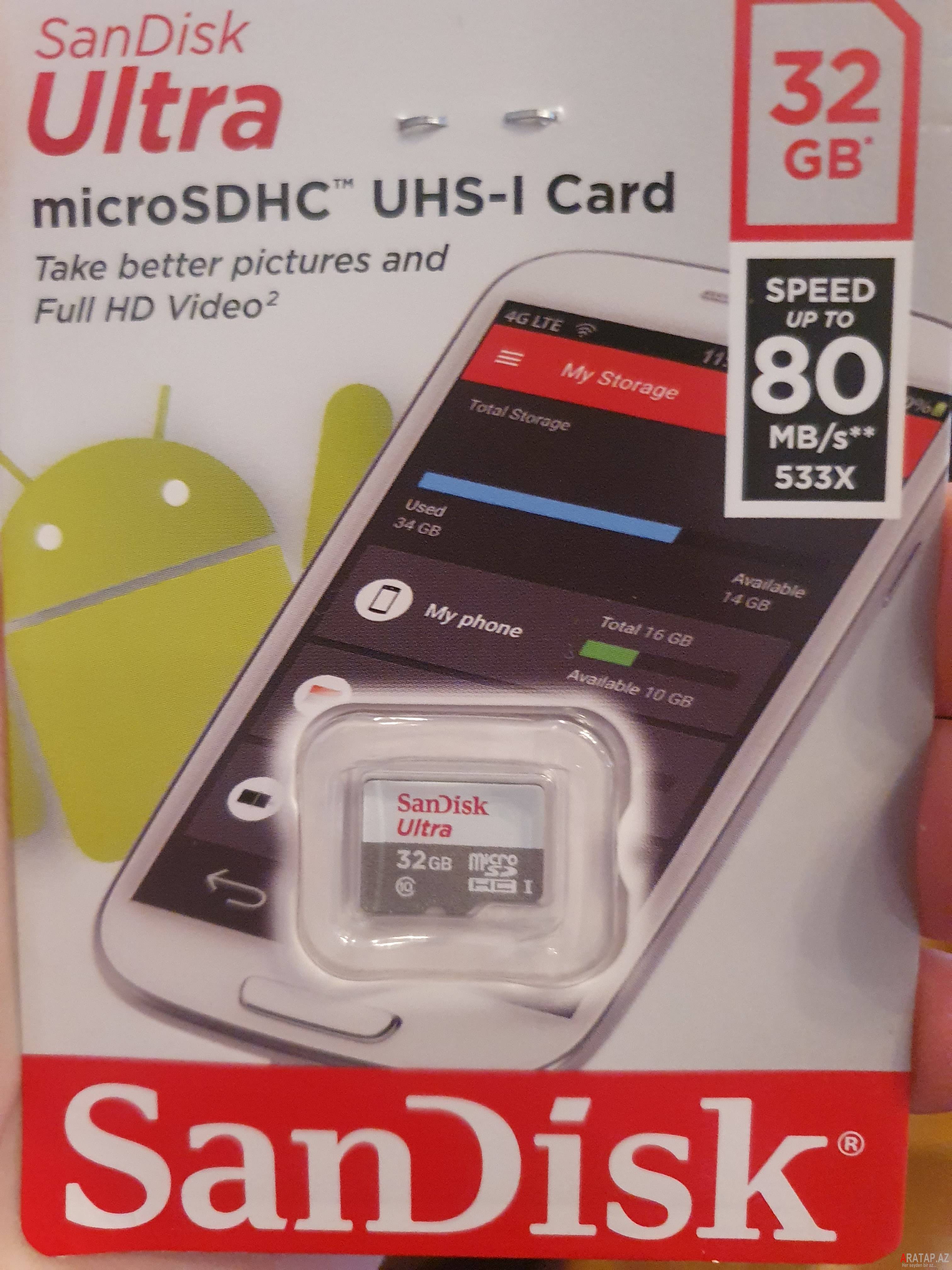 Sandisk 32 Gb Micro Sd Yaddas karti Telefon ucun Suret - 80 Mb / San Microkart microcard mikrocard