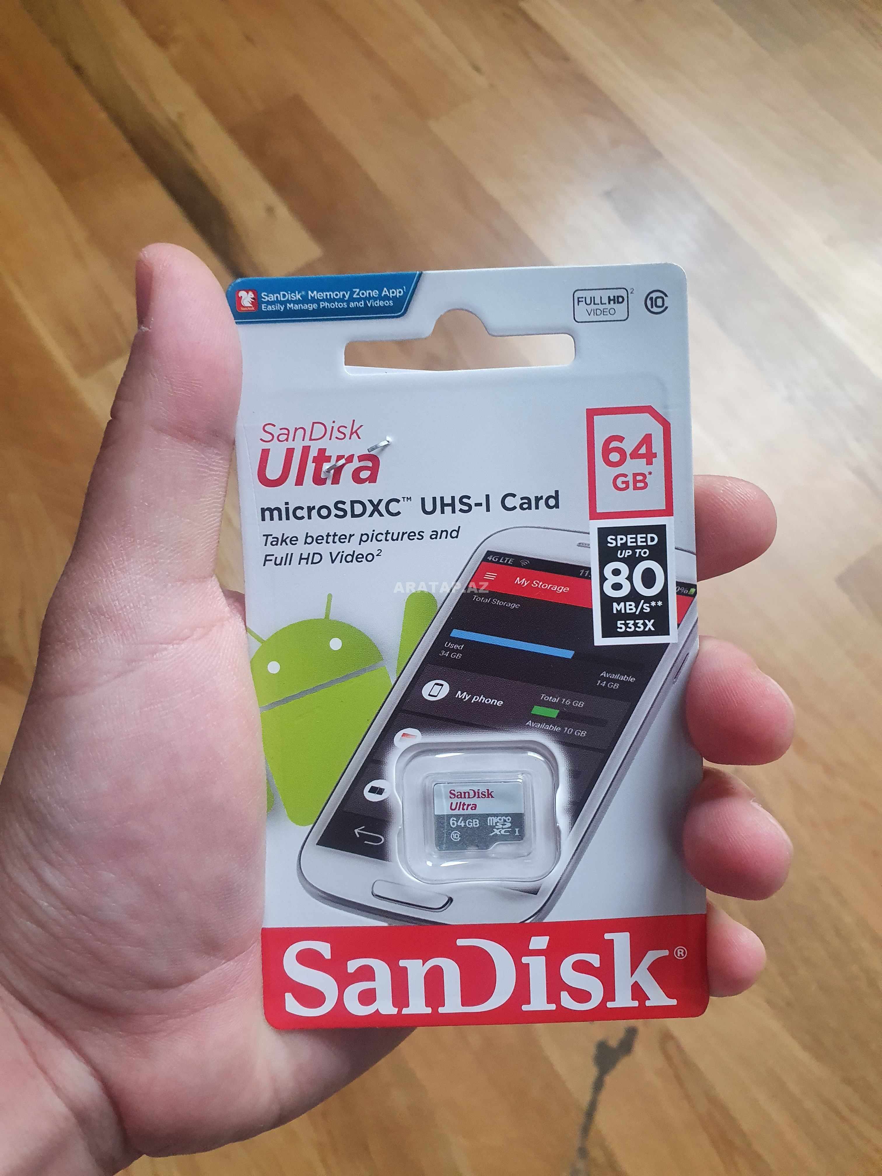 Sandisk 64 Gb Micro Yaddaş kartı Klass 10 Telefon ve Planşetlər Üçün Mikrokart Sürət - 80 Mb / San