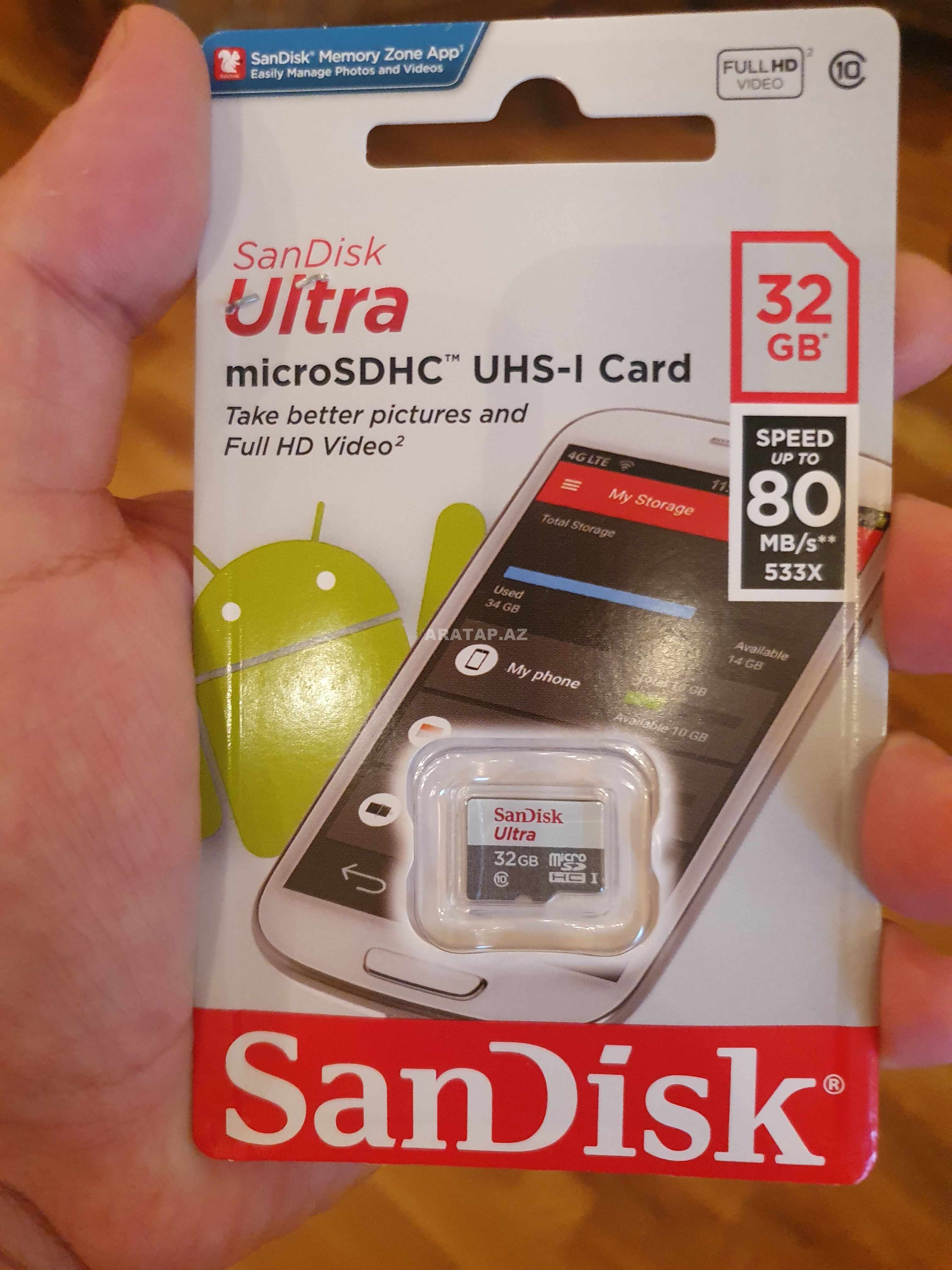 Sandisk 32 Gb Mikro Yaddaş kartı Telefon üçün Microkart  Surət - 80 Mb / San